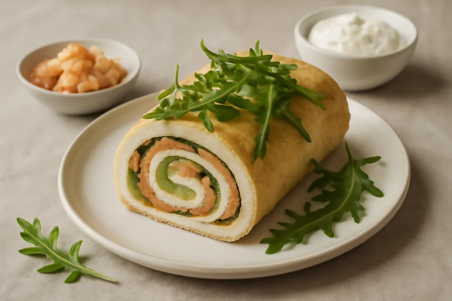 Aperitiv cu somon, rucola si crema de branza