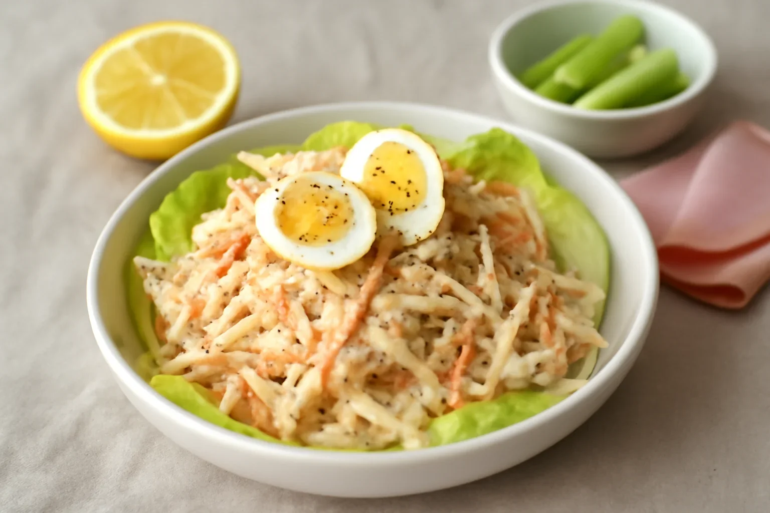 Salată cu țelină crudă, morcov ras și dressing cremos – rețeta dietetică fără ulei