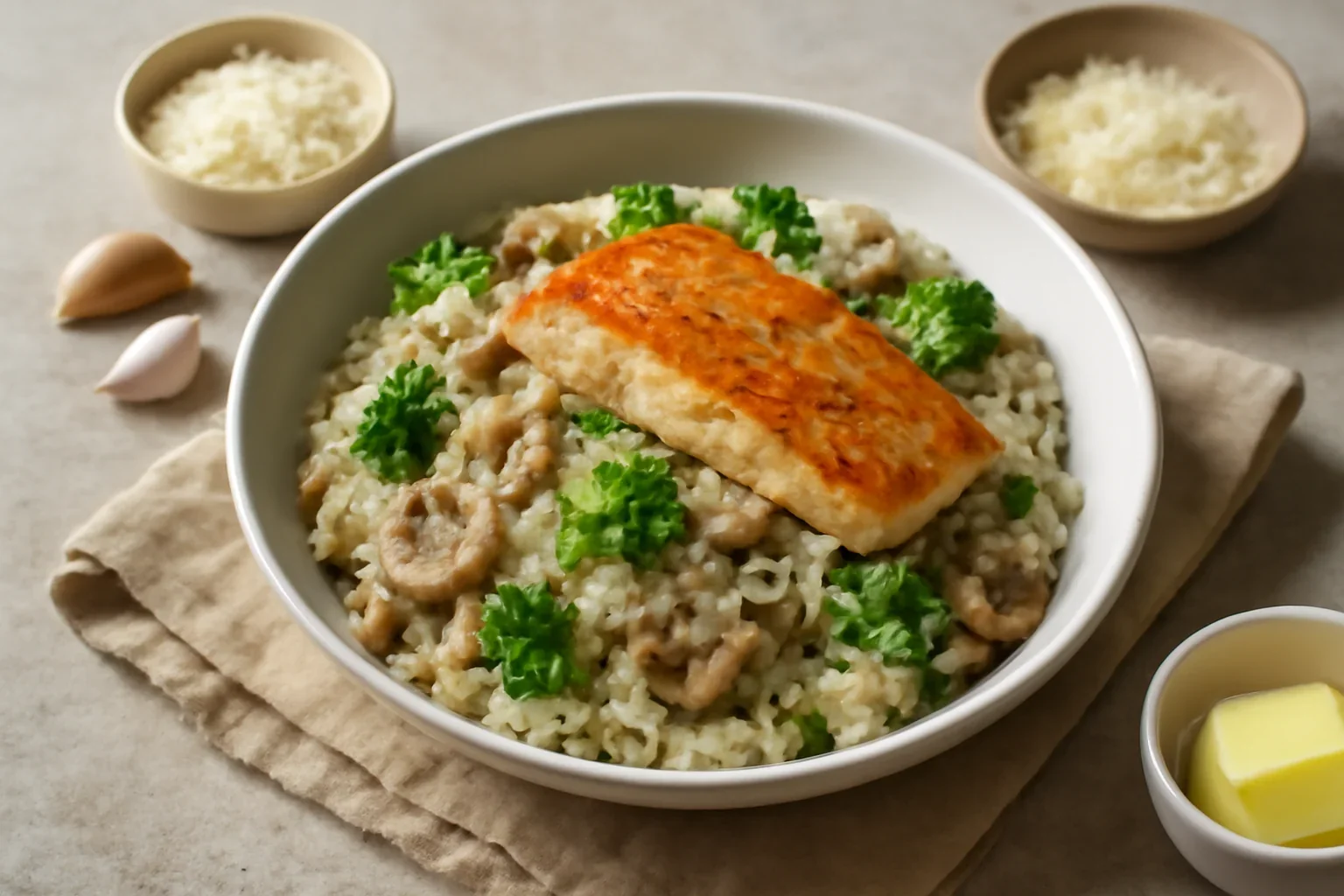 Risotto cu ciuperci, parmezan, broccoli si peste, reteta pas cu pas