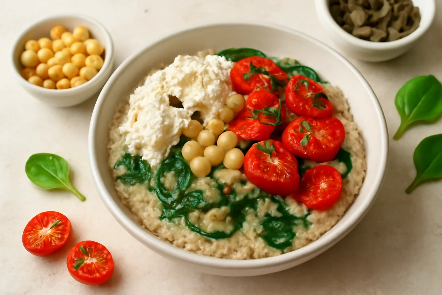 Terci de quinoa cu ricotta, roșii coapte și năut
