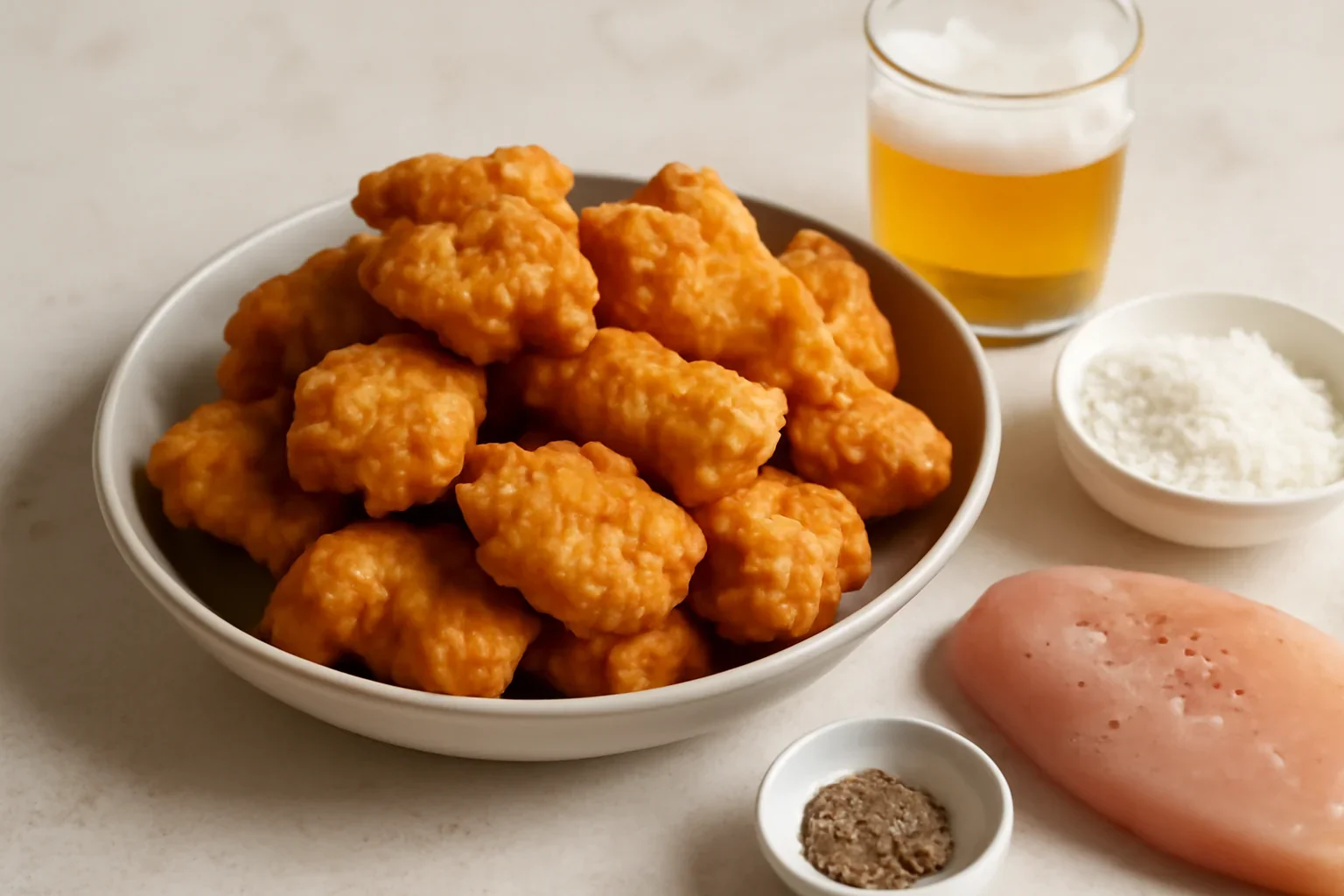 Șnițel de pui în aluat cu bere (nuggets) – piept de pui cu crustă rumenă și crocantă
