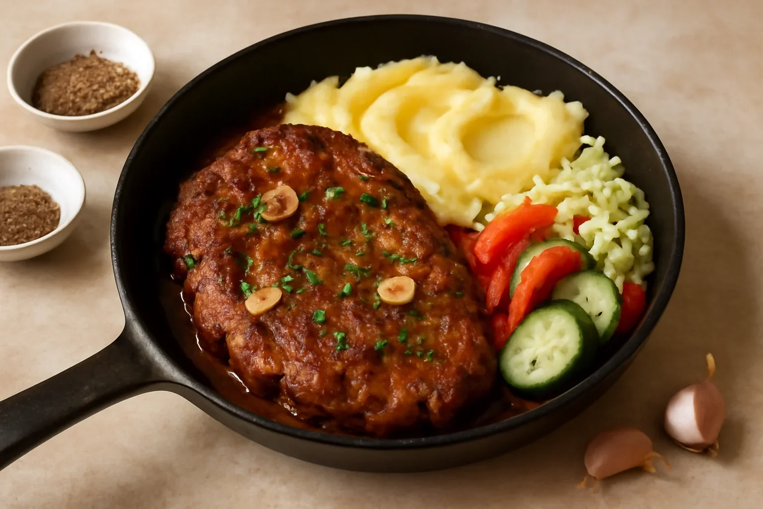 Ceafă de porc cu usturoi înăbușită la tigaie
