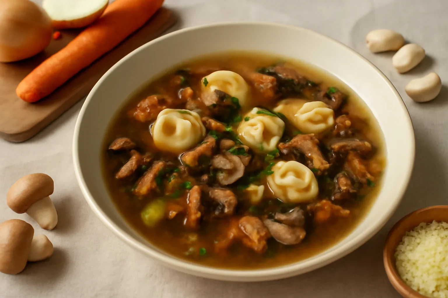 Consommé limpede de ciuperci cu tortellini