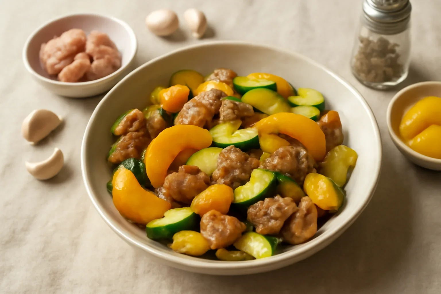 Carne de porc cu dovlecei și piersici din compot – o rețetă rapidă cu gust de acasă