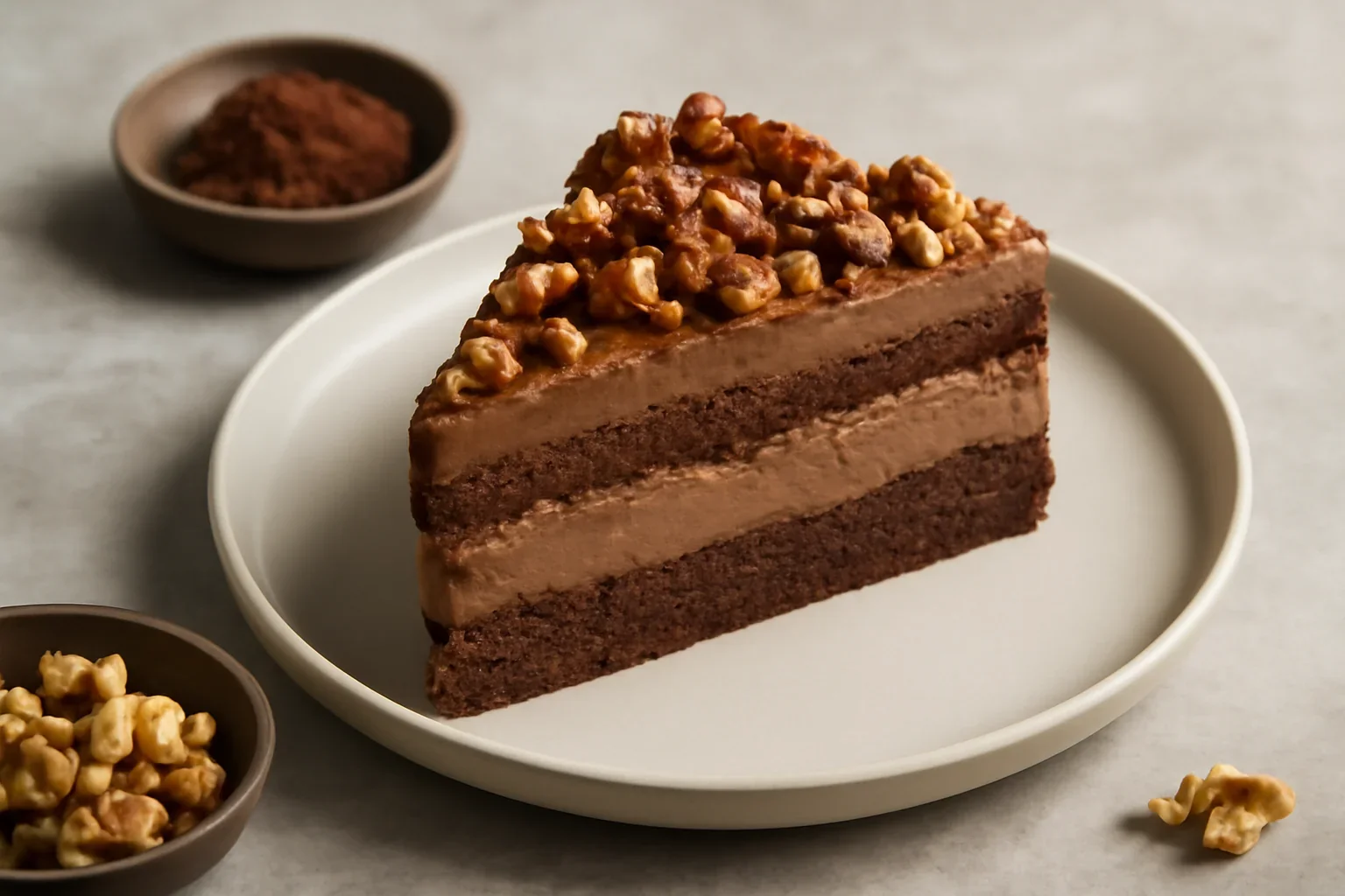 Prăjitura Pralinette – cu blat de cacao, cremă de ciocolată și nuci caramelizate