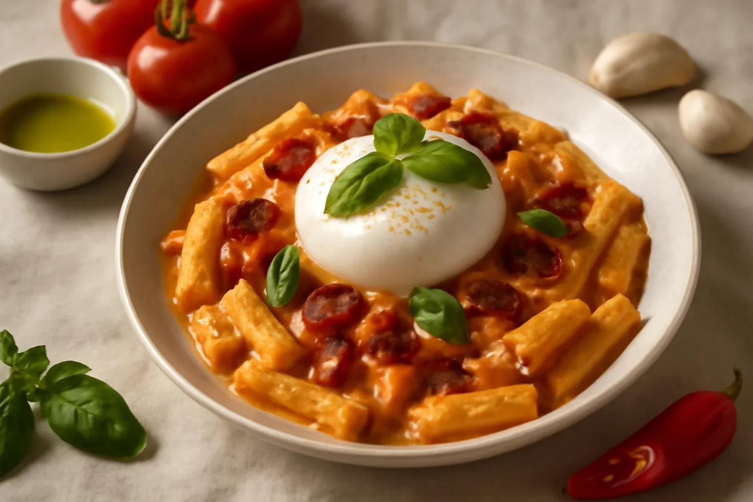 Paste cu sos roze si burrata