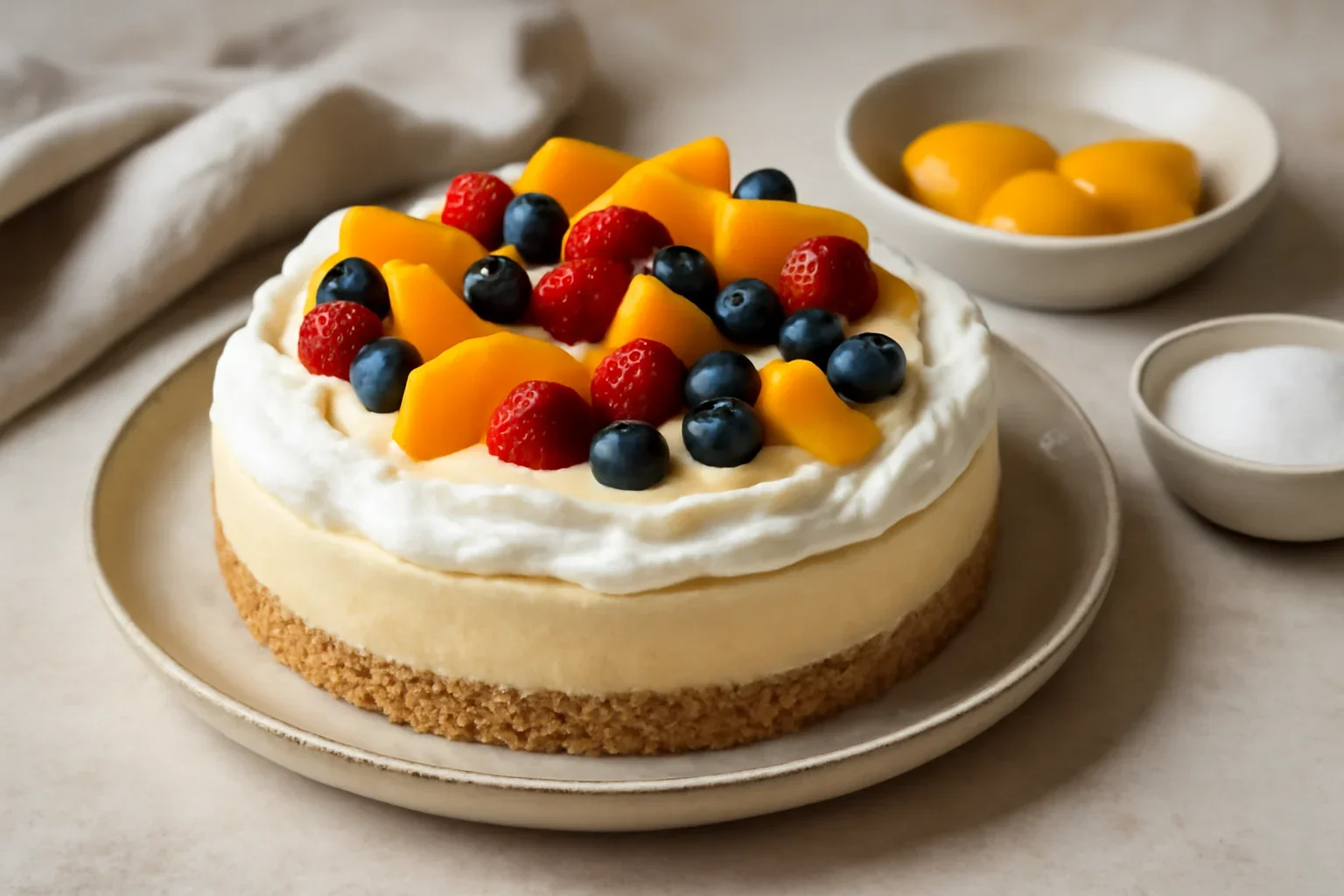 Tarta fara coacere cu branza, fructe si bezea
