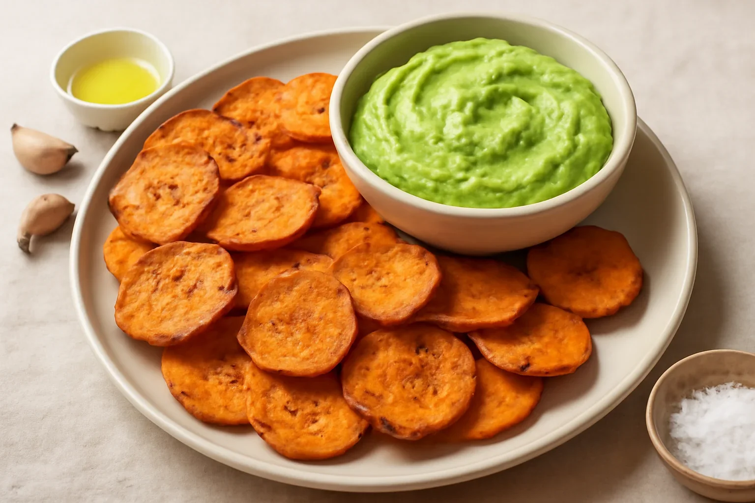 Chips de cartof dulce cu dip de avocado