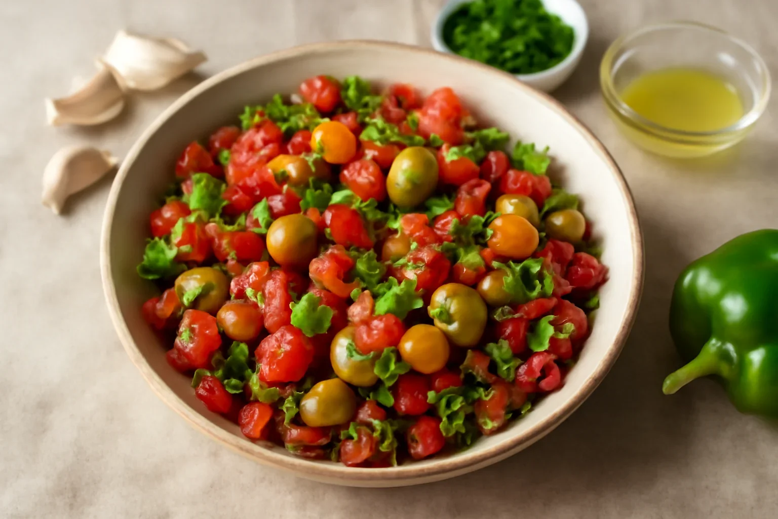Salată de ardei cu roșii, măsline și usturoi – rețeta de salsa mediteraneeană