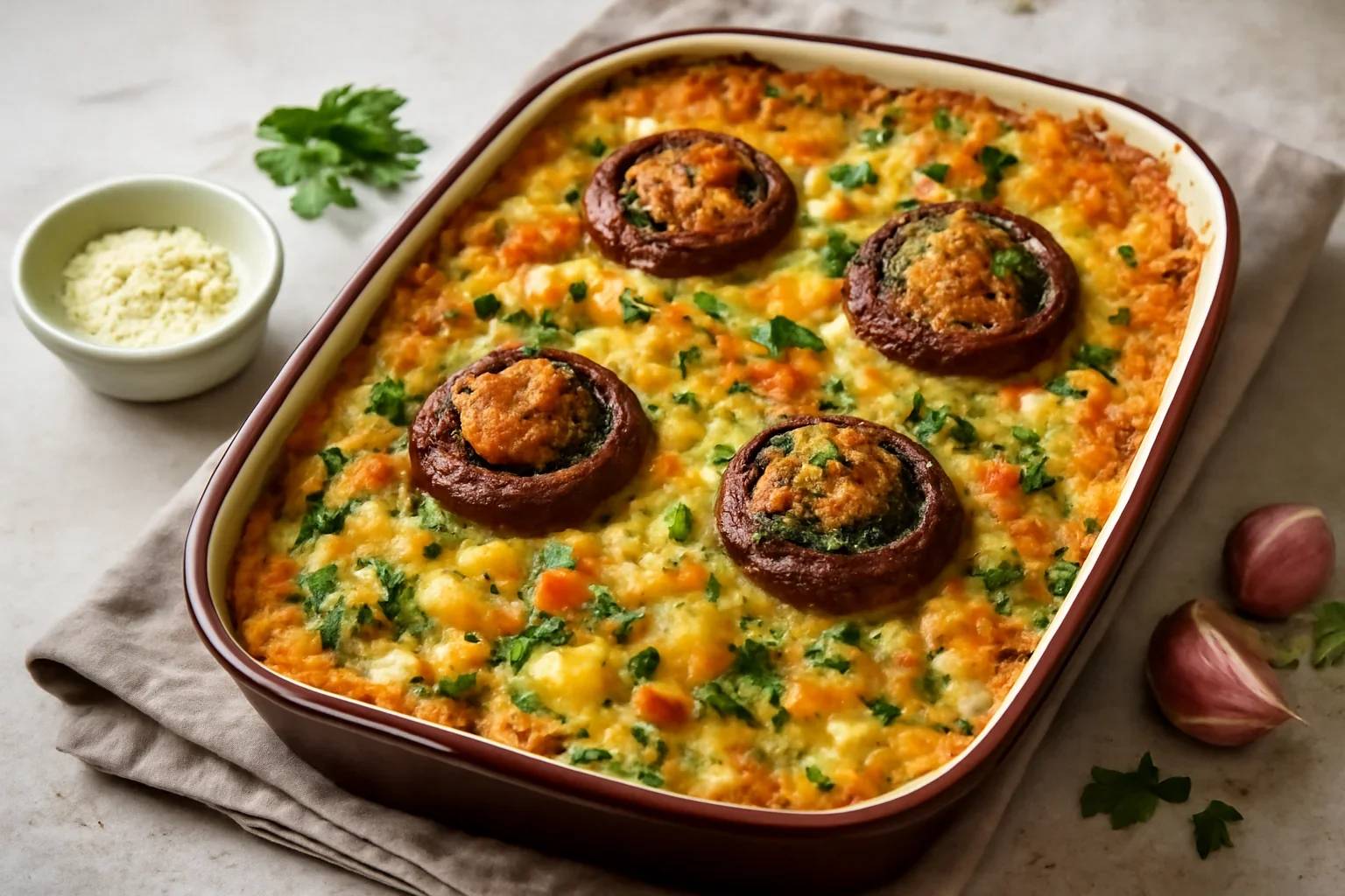 Budincă de legume cu cașcaval și ciuperci umplute – la cuptor