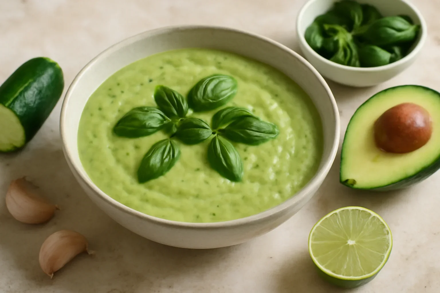 Gazpacho de castraveți cu avocado și busuioc