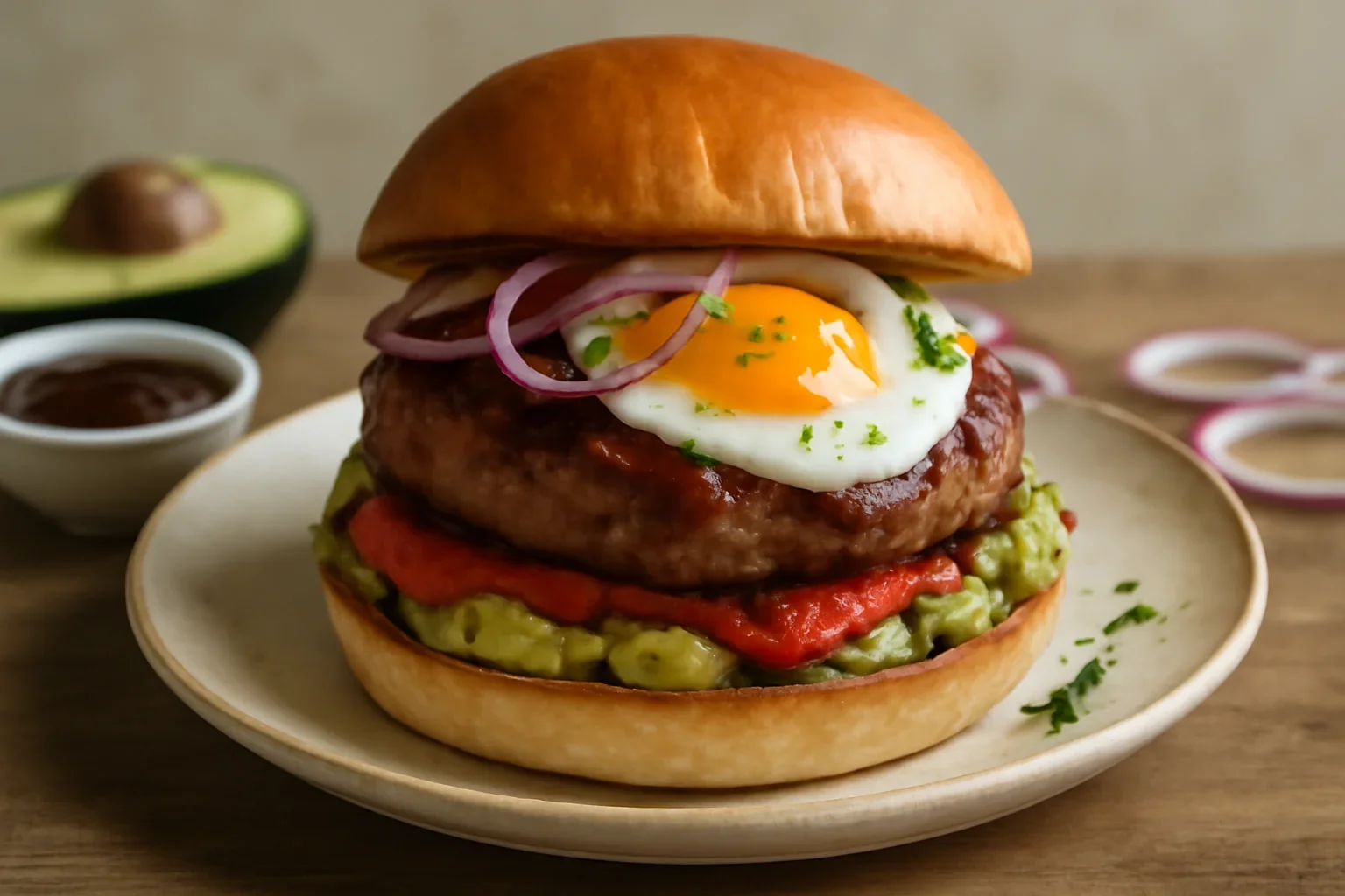 Hamburger de porc cu ou moale și avocado